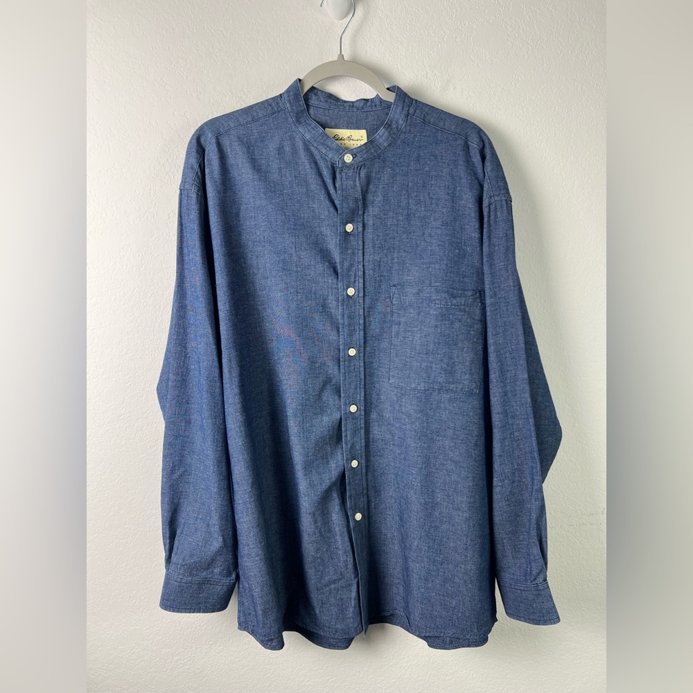 Eddie Bauer Classic Blue Cotton Mandarin Collar Button Down Shirt